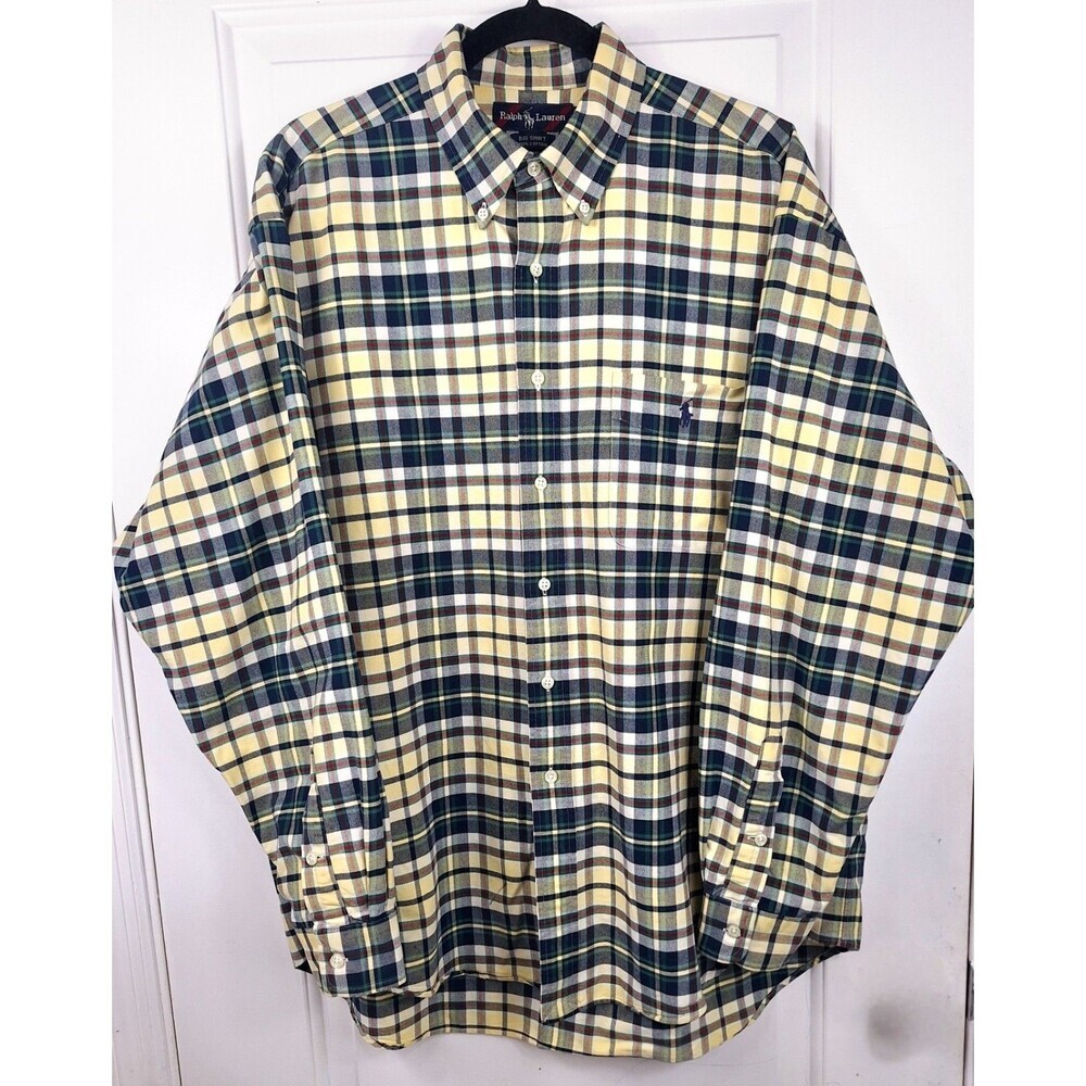 Ralph Lauren Big Shirt Mens Large Yellow Navy Blue Plaid Cotton Button Down L